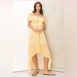 Vogue Society Yellow Striped Off Shoulder Hi Low Maxi Dress Size M Boho Summer